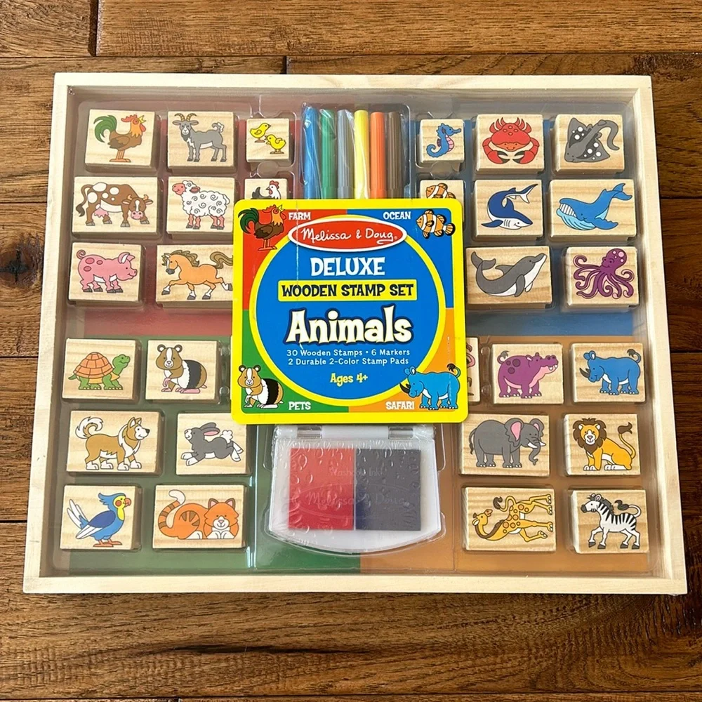 Melissa & Doug Deluxe Wooden Stamp Set Animals Theme Art Brand New in Package